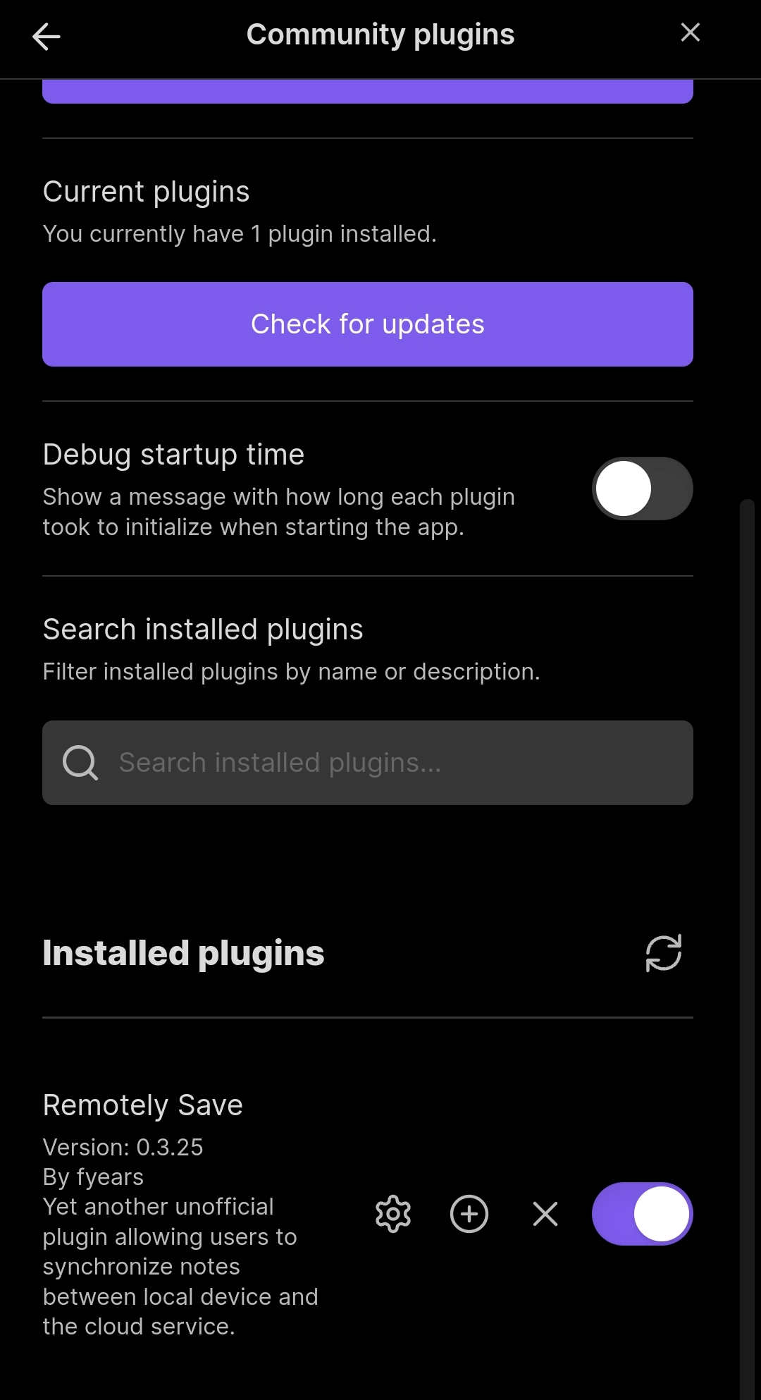 Find Remotely save plugin in Obsidian app in the settings