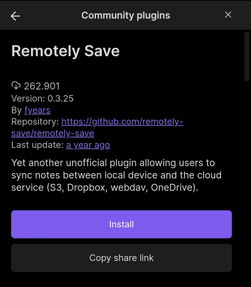Install Remotely Save plugin in Obsidian