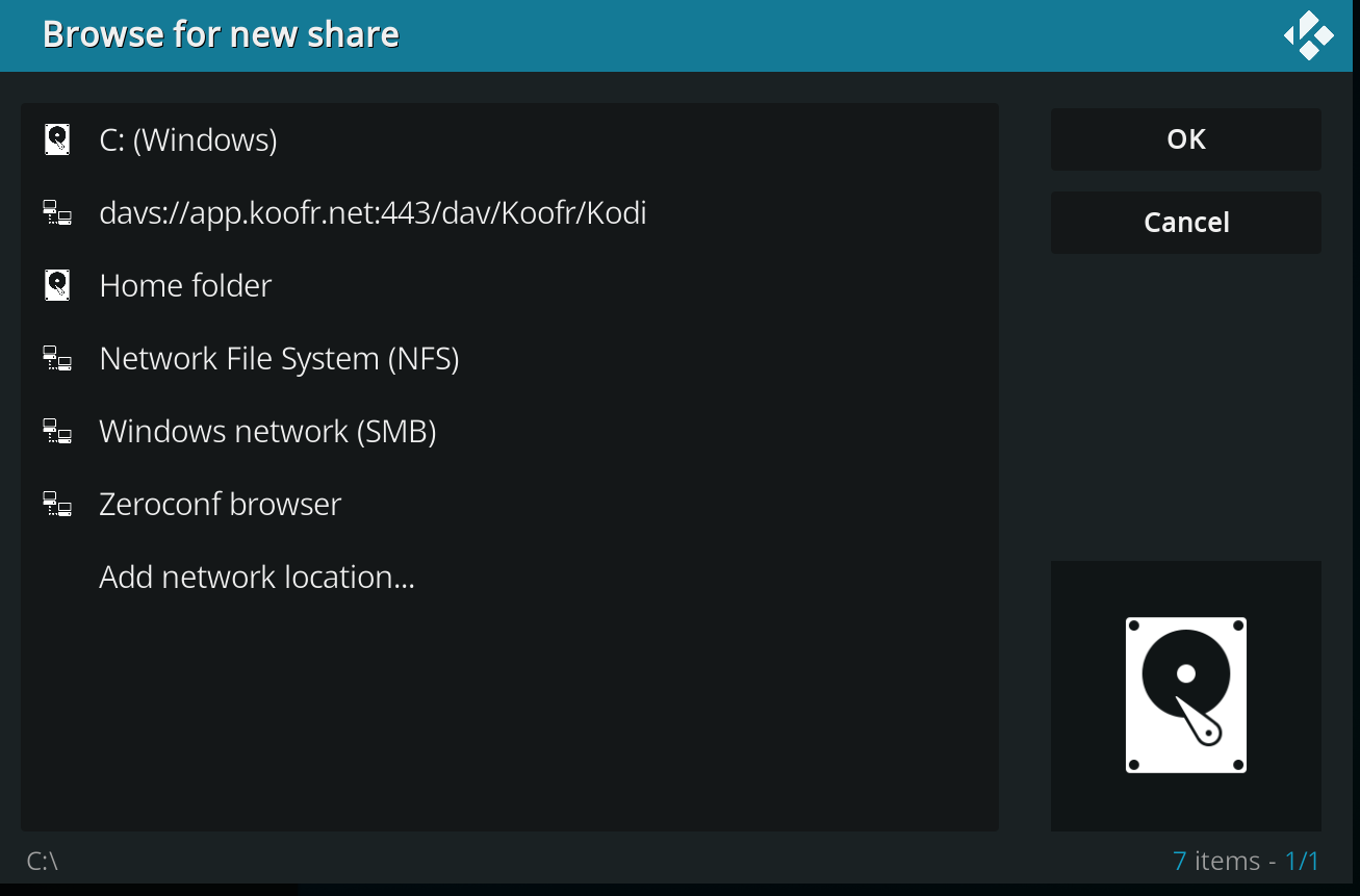 Browse for new share in Kodi