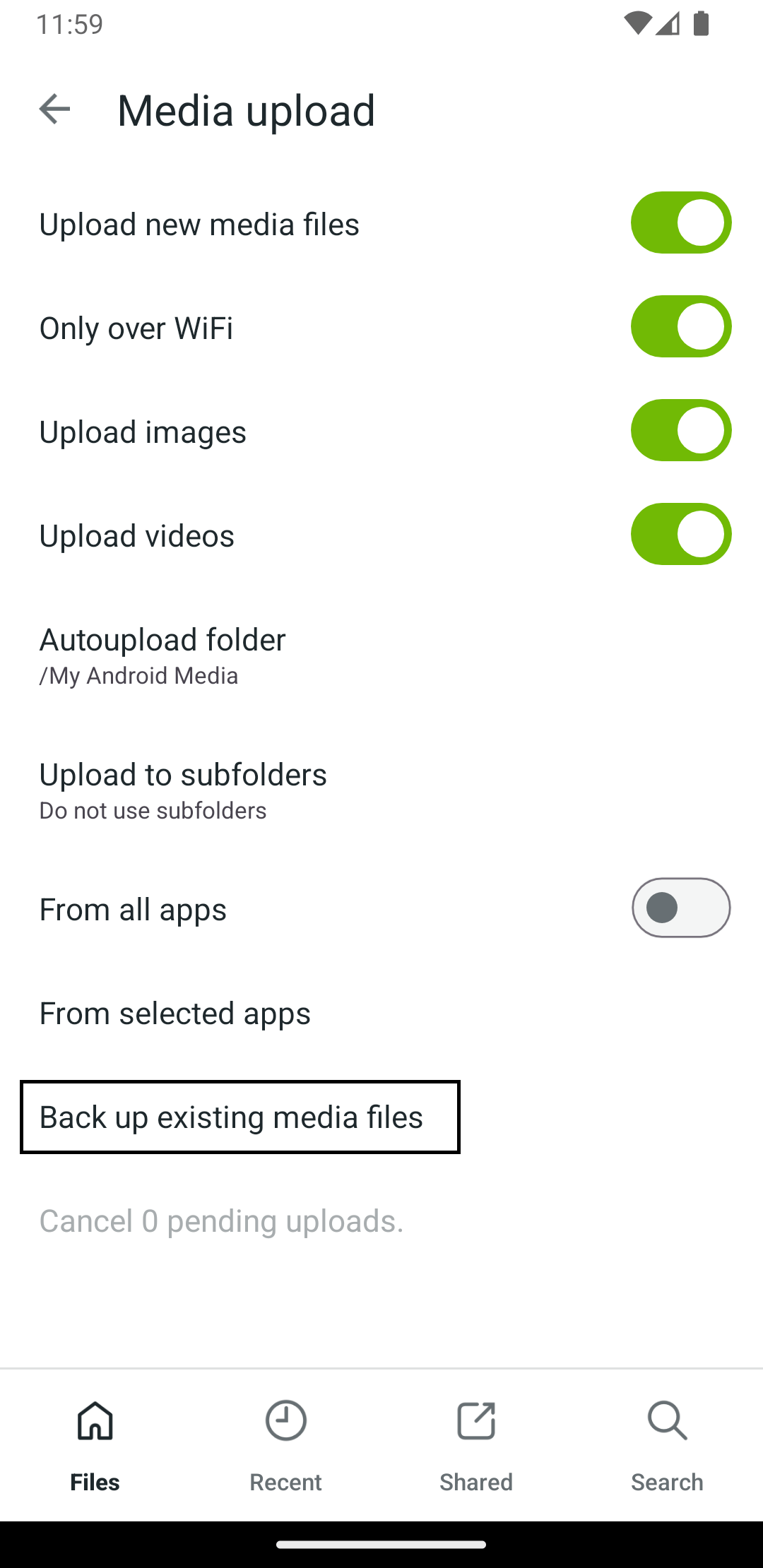Koofr back up existing media files