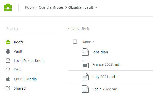 Open Obsidian Vault folder in Koofr web app
