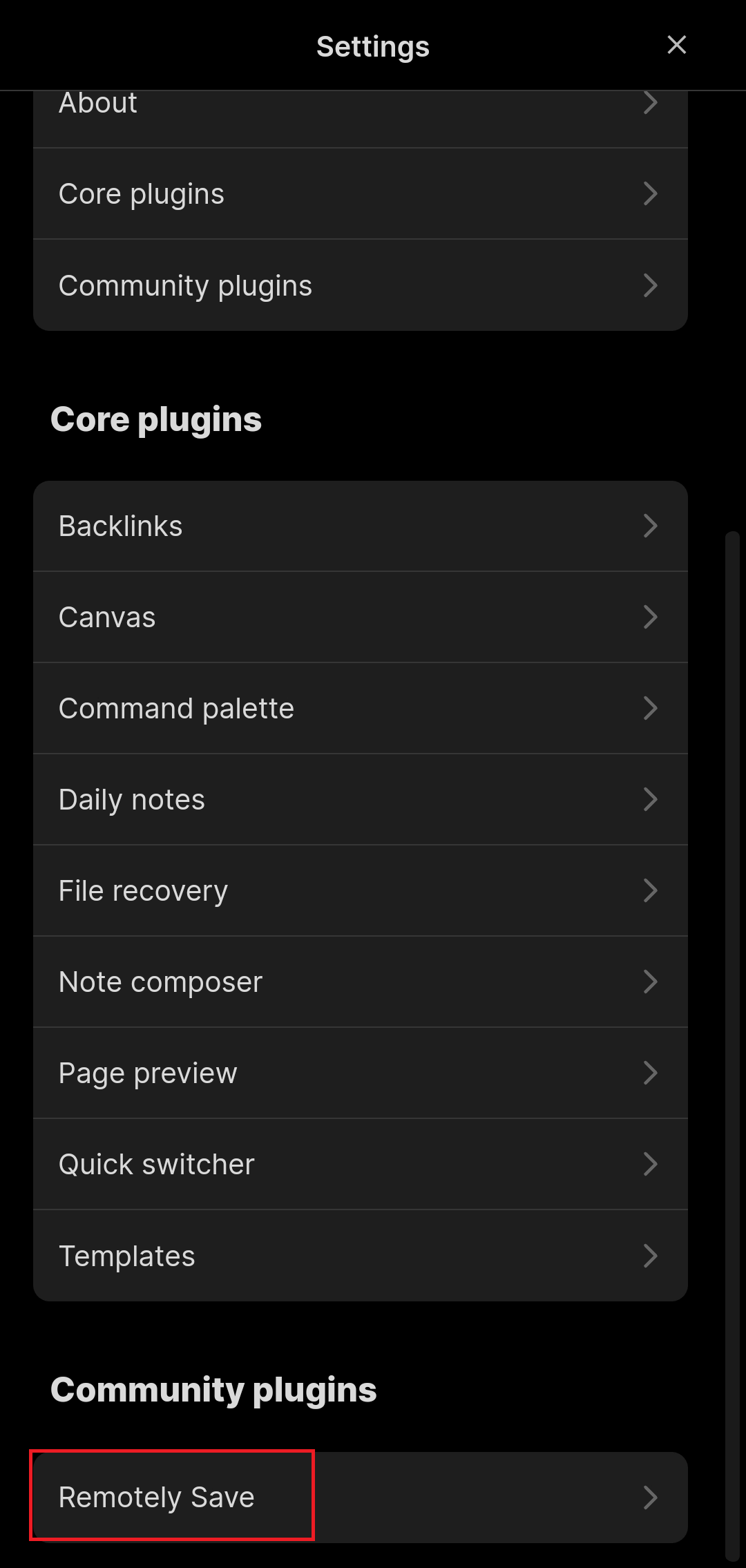 Open Remotely Save plugin in Obsidian by scrolling to the bottom of the settings