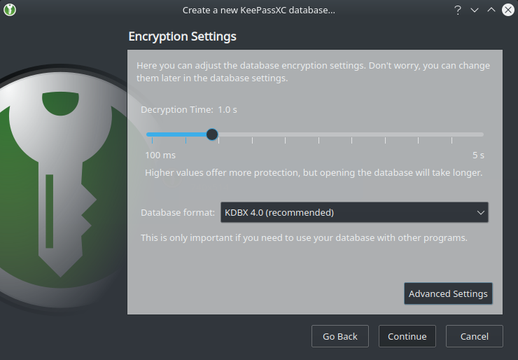 Choose encryption settings for your new KeePassXC password database.
