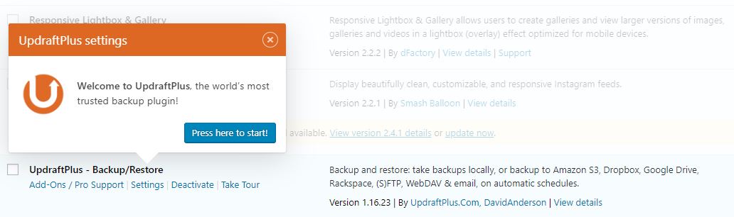 Screenshot of the UpdraftPlus plugin in a WordPress dashboard.