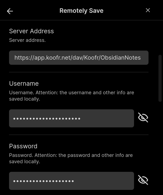 Server address in Obsidian for a webdav connection - type Koofr email address and password