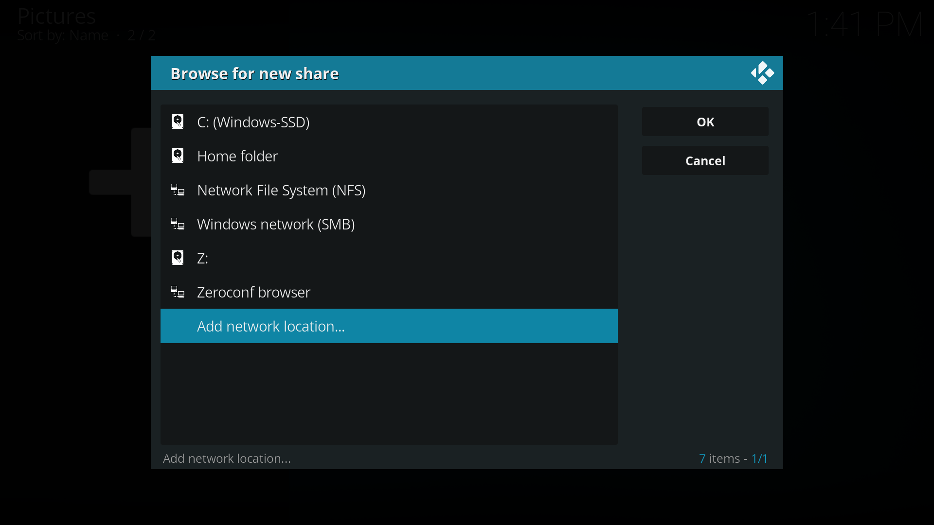 Browse for new share in Kodi and click on Add network location