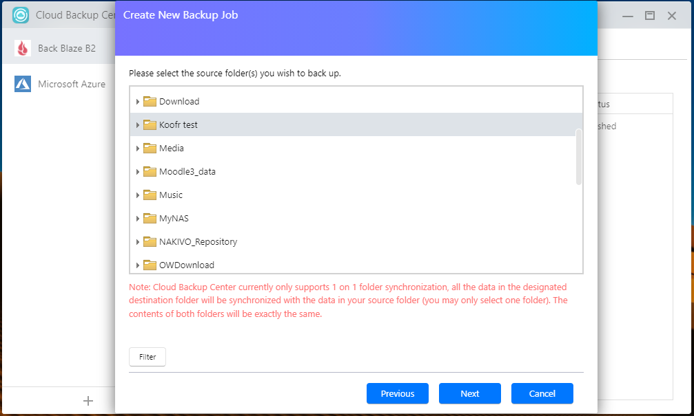 Select the folders you want to backup to Koofr.