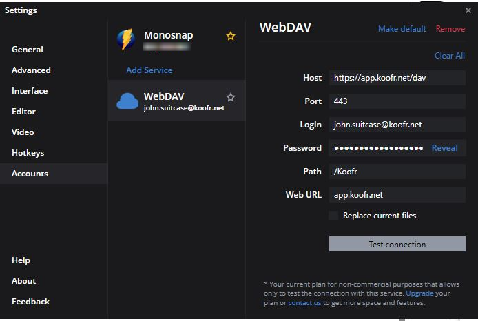 WebDAV settings in Monosnap. Type in your Koofr username and generated application-specific password