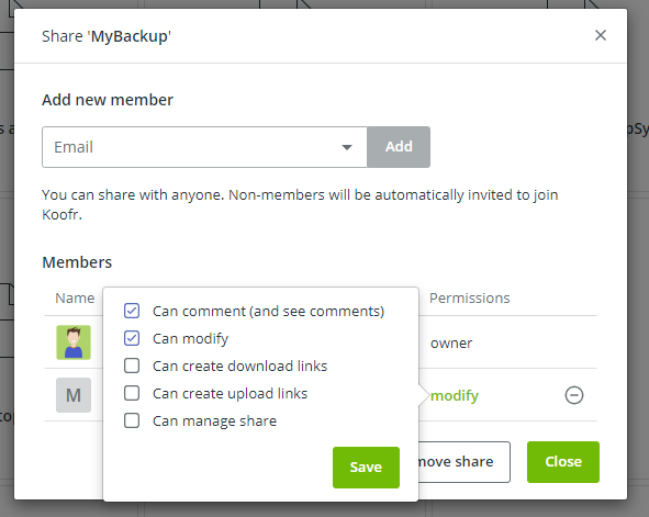 Modify permissions in Koofr's sharing option Add people